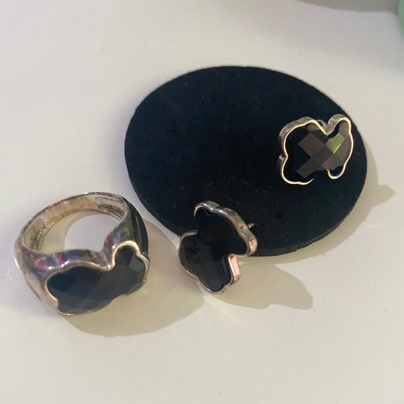 Tous Jewelry - Authentic TOUS Color Silver Faceted Onyx Bear Earrings Ring (7) Set